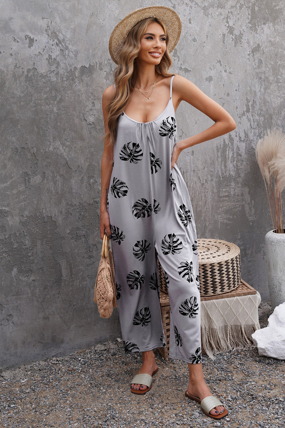 Summer Gray Palm Leaves Print Spaghetti Strap Wide Leg jumpsuit