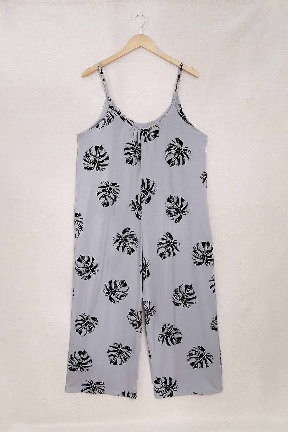 Summer Gray Palm Leaves Print Spaghetti Strap Wide Leg jumpsuit