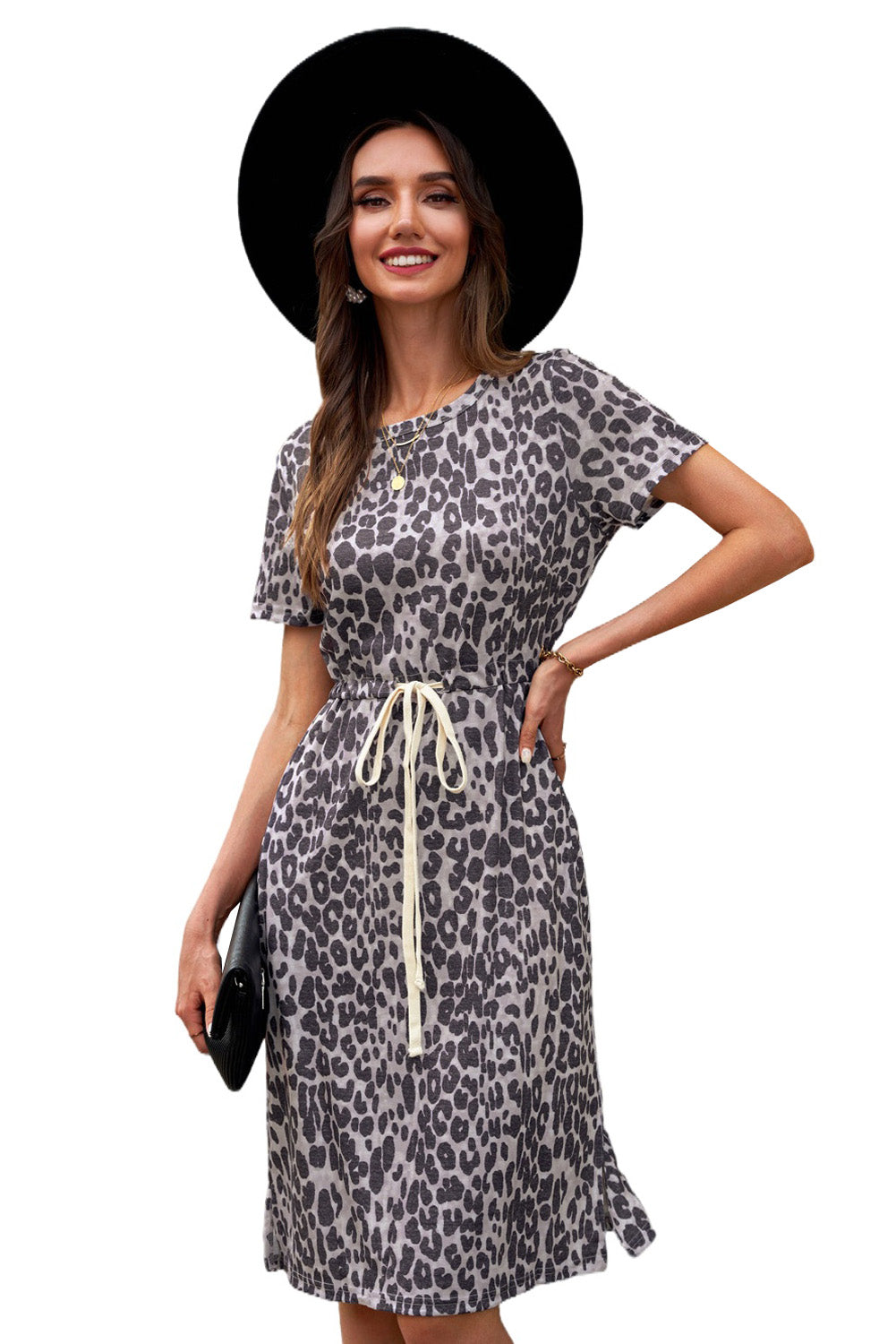 Summer Leopard Short Sleeve Pocketed Drawstring Casual Dress