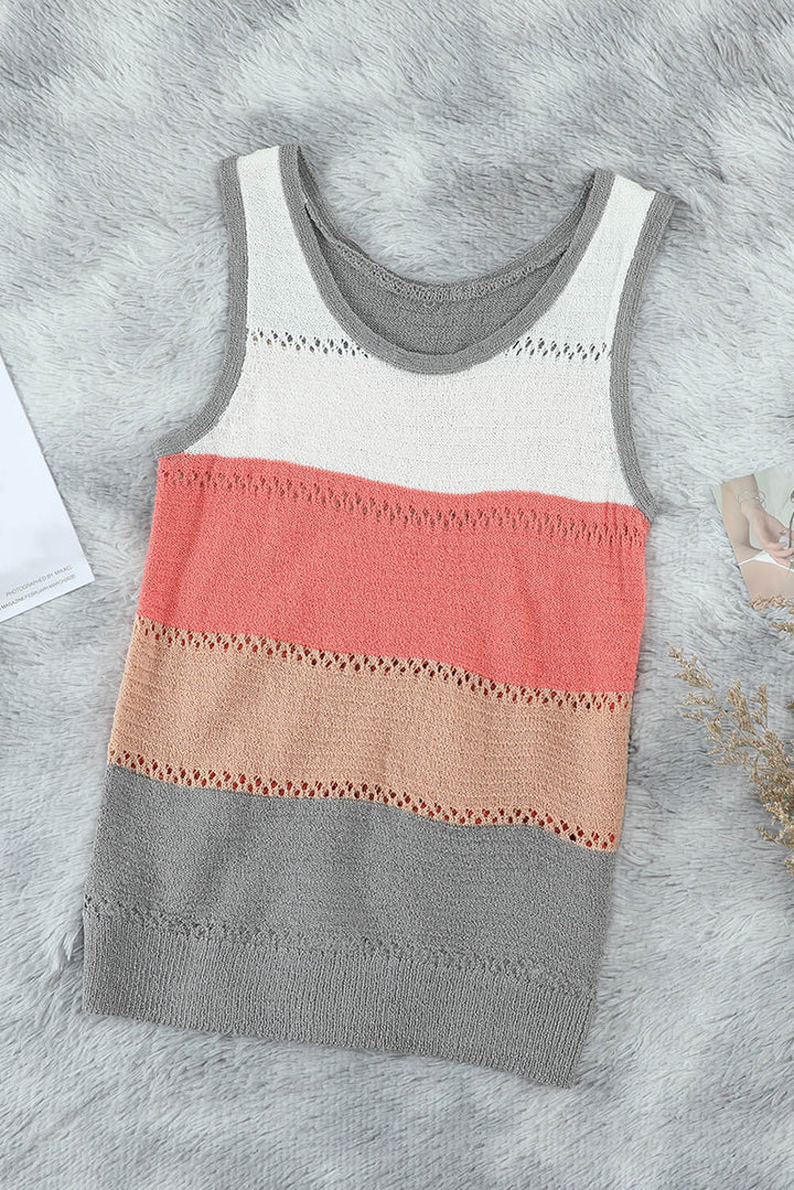 Summer Multicolor Color Block Round Neck Knitted Tank Top