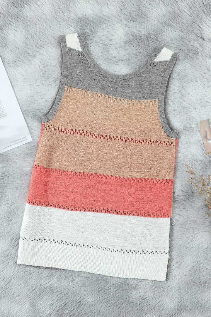 Summer Multicolor Color Block Round Neck Knitted Tank Top