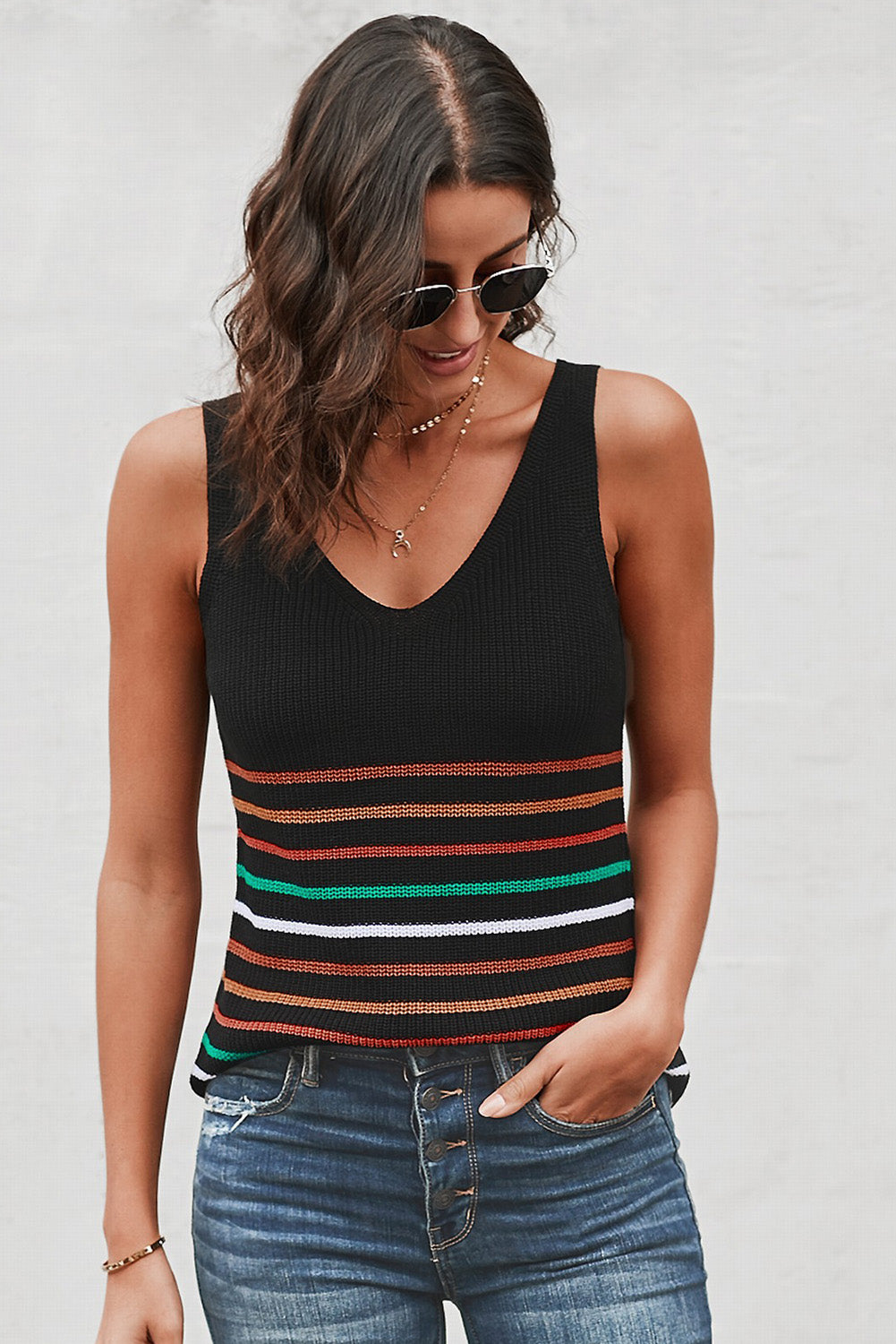 Summer Multicolor Stripes Black Knit Tank Top