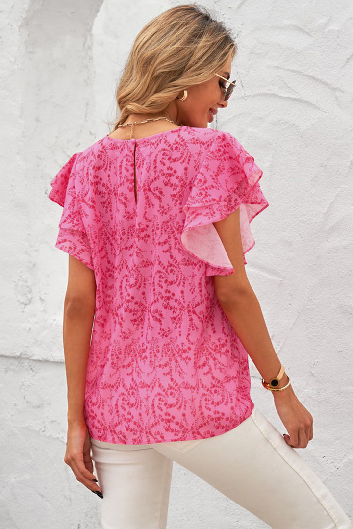 Summer Pink Floral Ruffle Short Sleeve Blouse