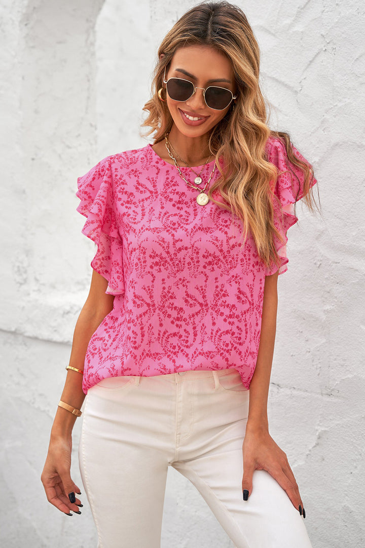 Summer Pink Floral Ruffle Short Sleeve Blouse