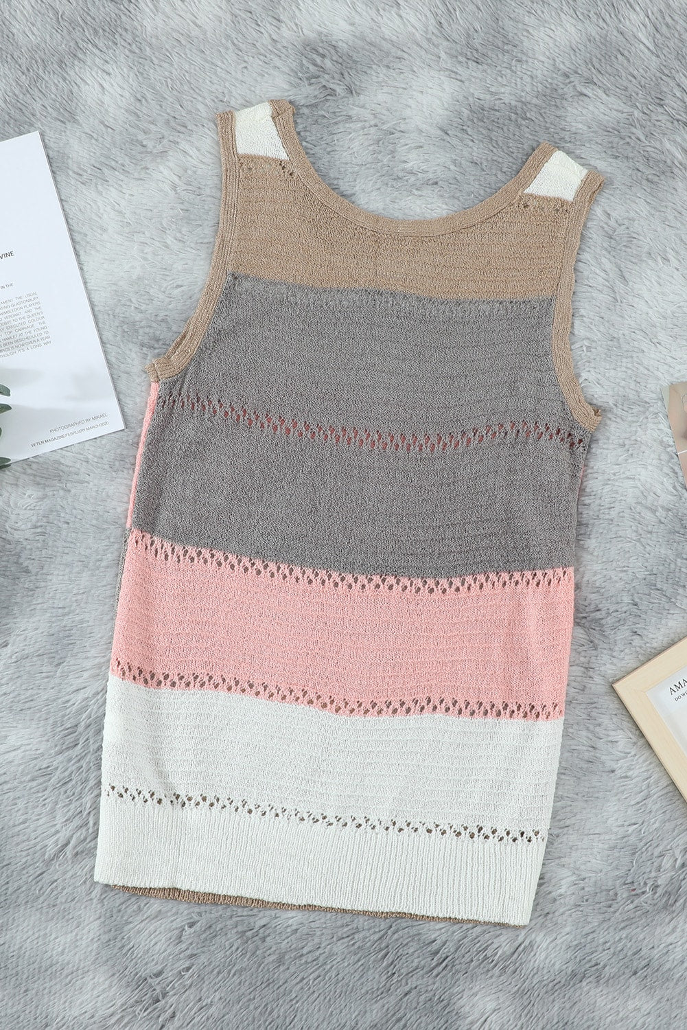 Summer Pink Gray Color Block Round Neck Knitted Tank Top