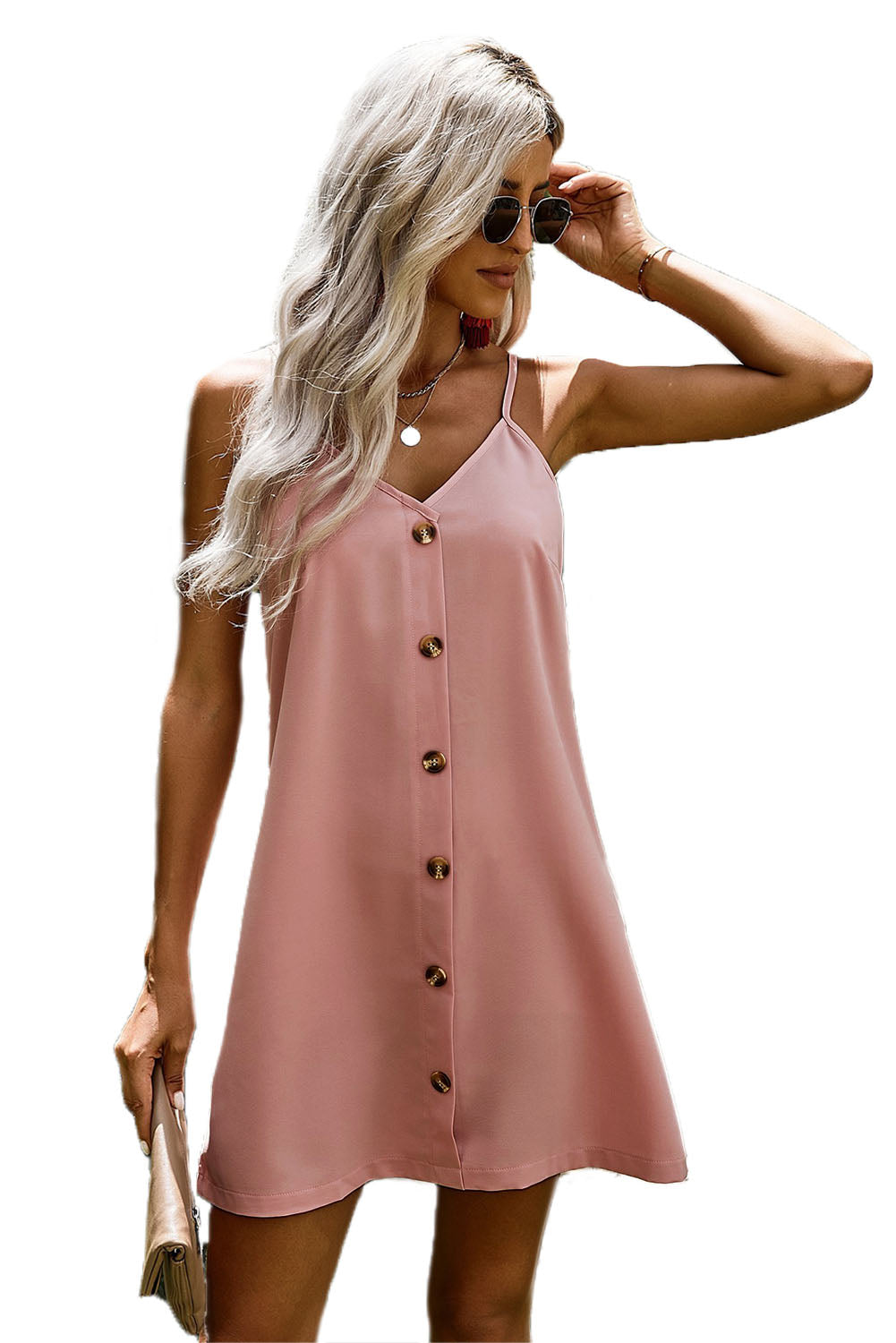 Summer Pink Spaghetti Strap Buttoned Slip Dress