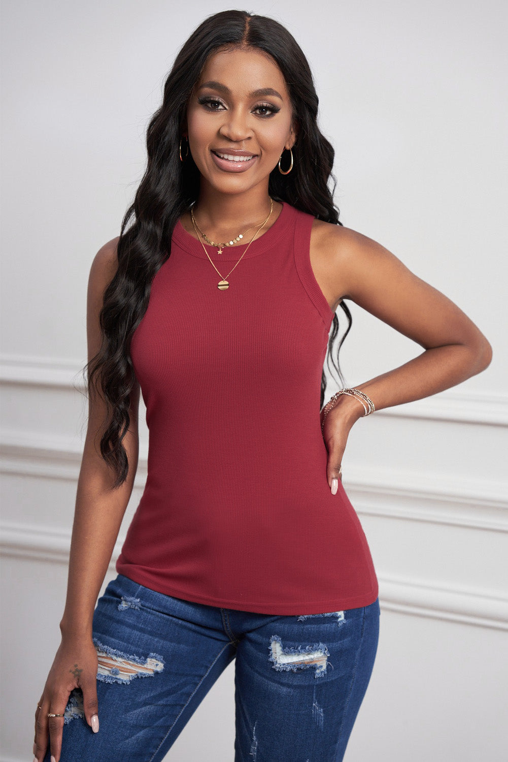 Summer Red Solid Red Round Neck Ribbed Tank Top