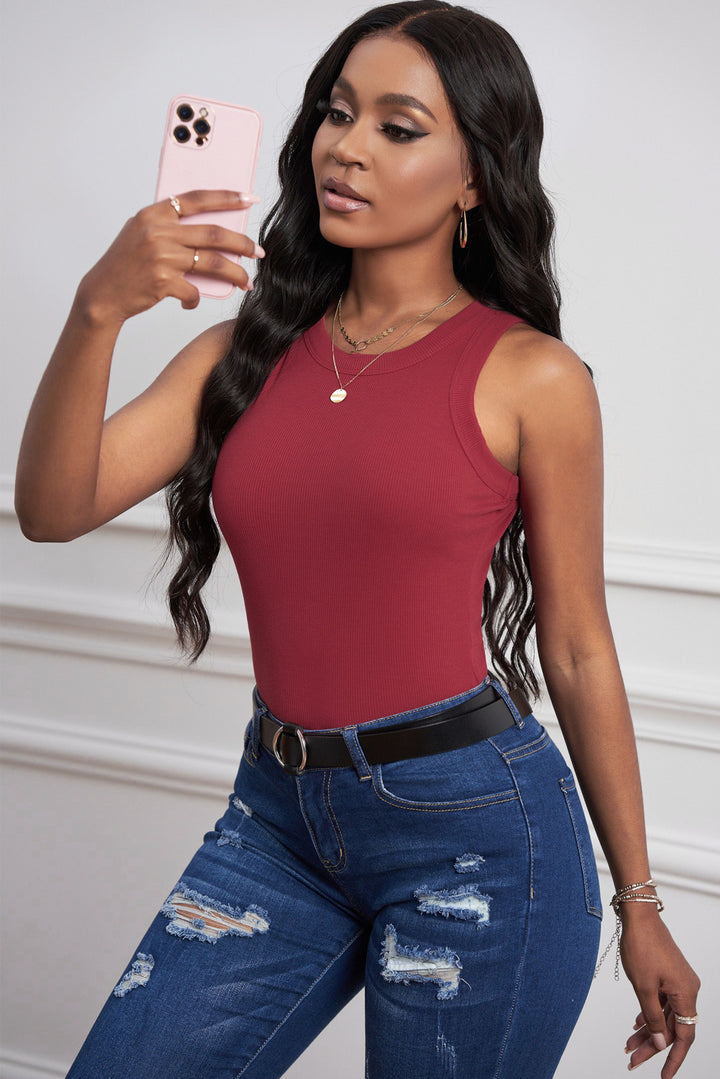 Summer Red Solid Red Round Neck Ribbed Tank Top