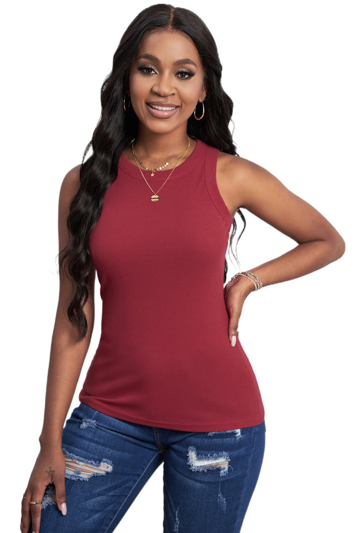 Summer Red Solid Red Round Neck Ribbed Tank Top