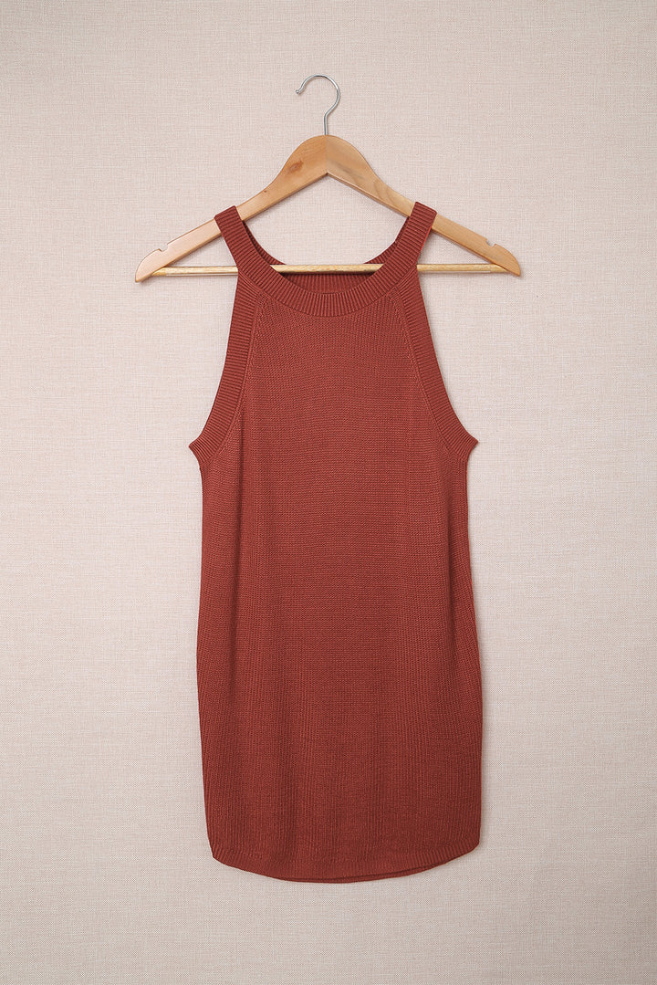 Summer Red Solid Ribbed Knit Slim-fit Tank Top