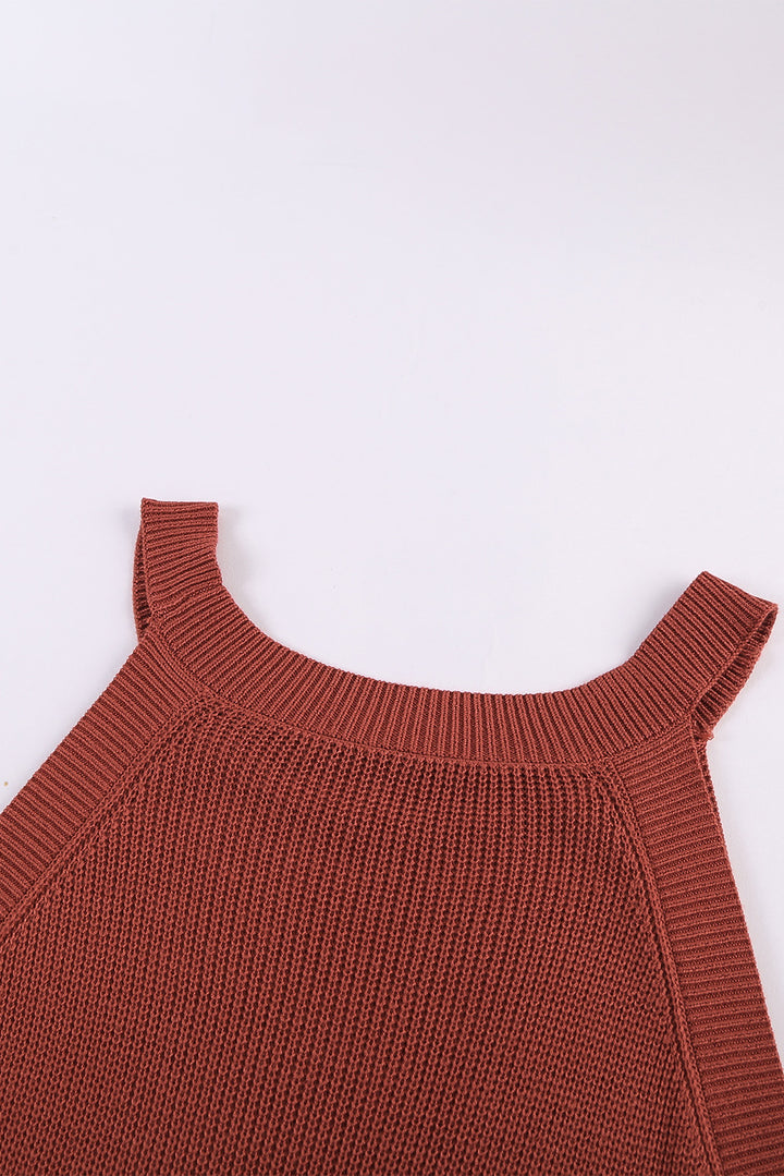Summer Red Solid Ribbed Knit Slim-fit Tank Top