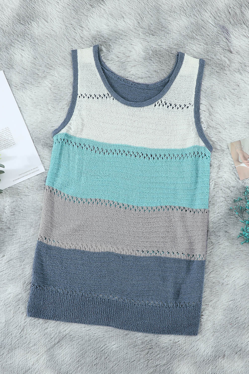 Summer Sky Blue Color Block Round Neck Knitted Tank Top