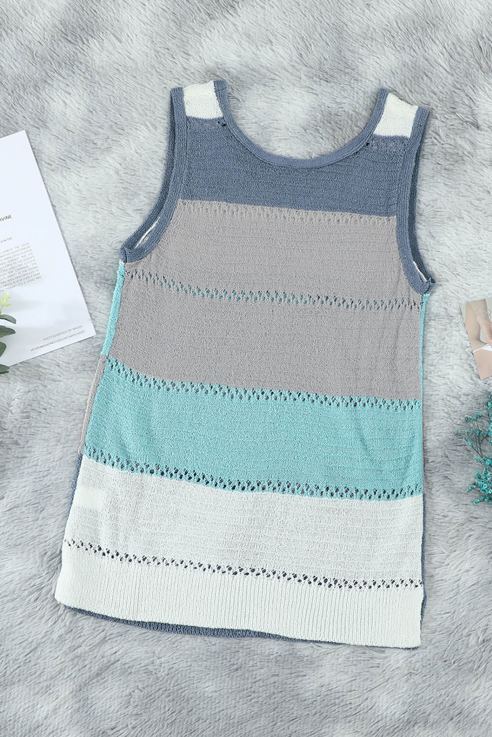 Summer Sky Blue Color Block Round Neck Knitted Tank Top
