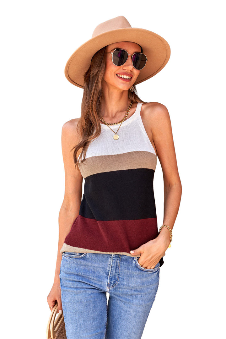 Summer Wine Red Black Color Block Knitted Tank Top