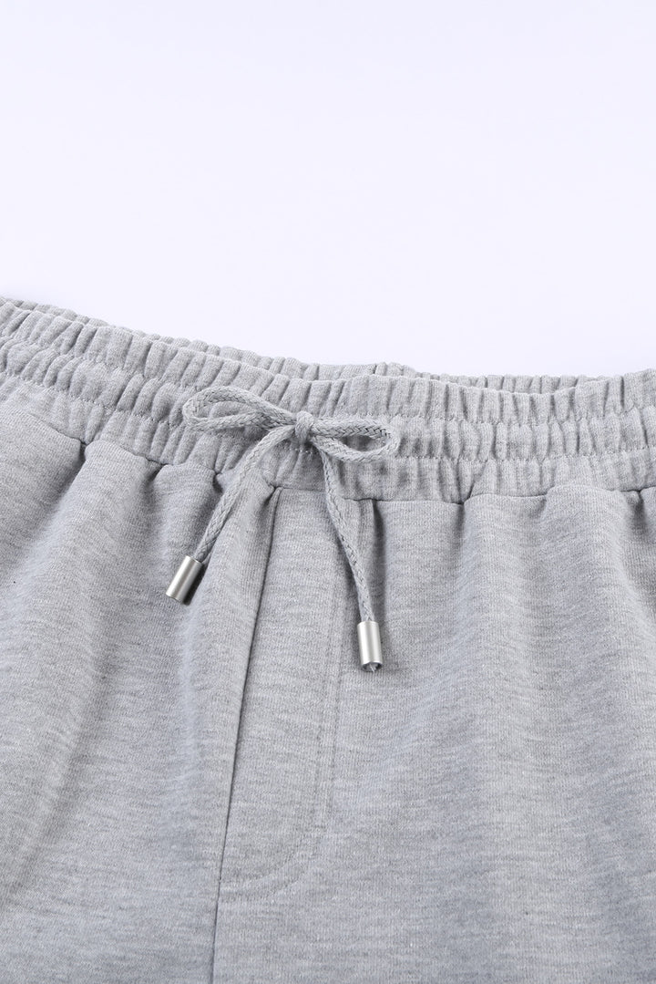 Summer Women Gray Tie Waist Side Pockets Cuffed Lounge Shorts