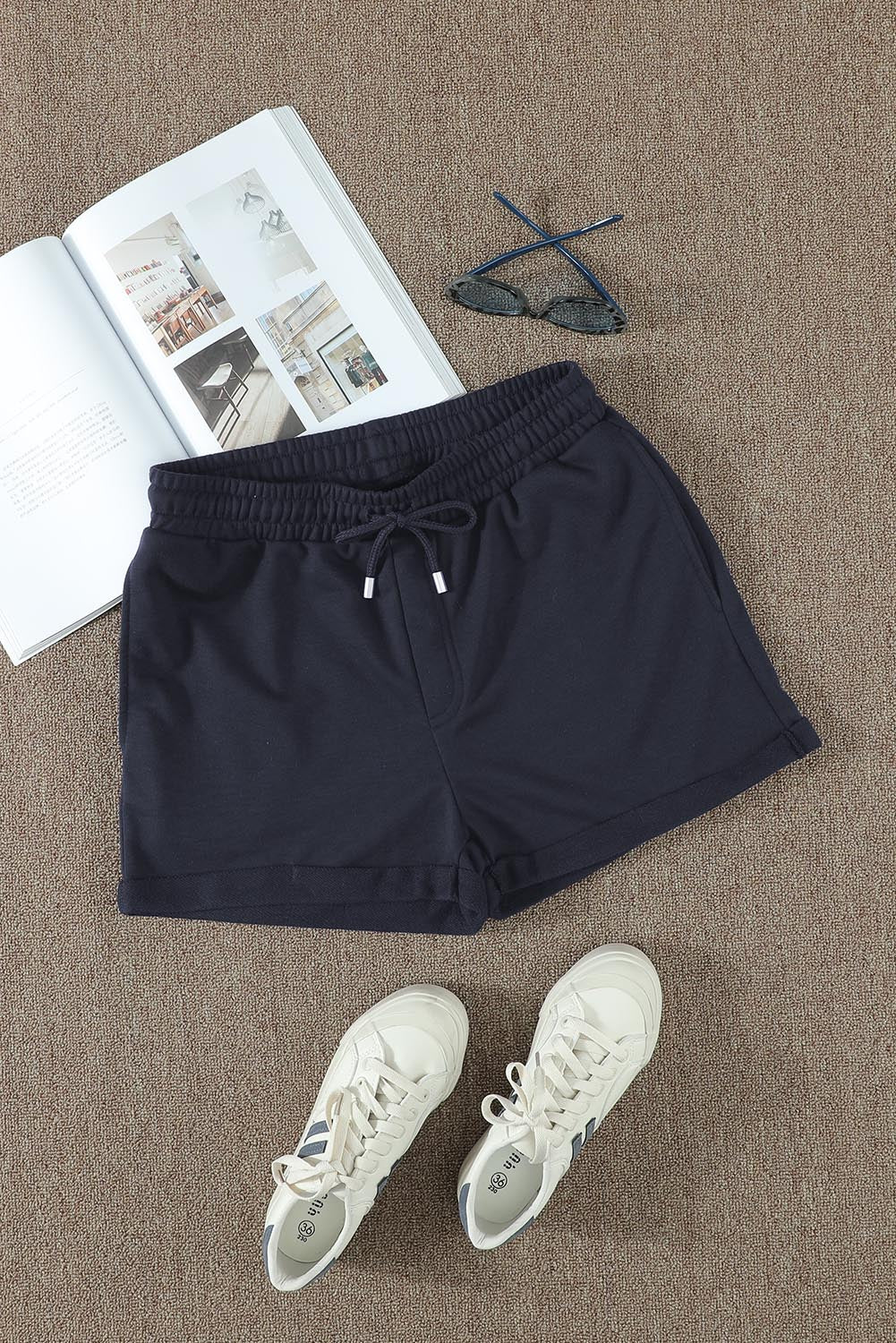 Summer Women Navy Blue Tie Waist Side Pockets Cuffed Lounge Shorts