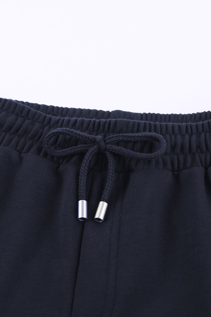 Summer Women Navy Blue Tie Waist Side Pockets Cuffed Lounge Shorts
