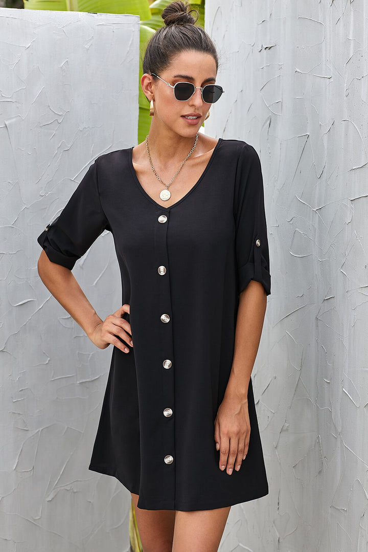 V Neck Button Front Roll up Tab Sleeve Black Casual Dress