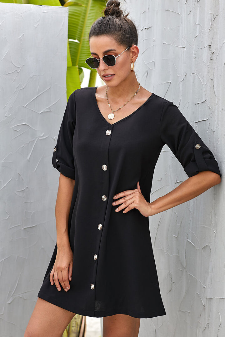 V Neck Button Front Roll up Tab Sleeve Black Casual Dress