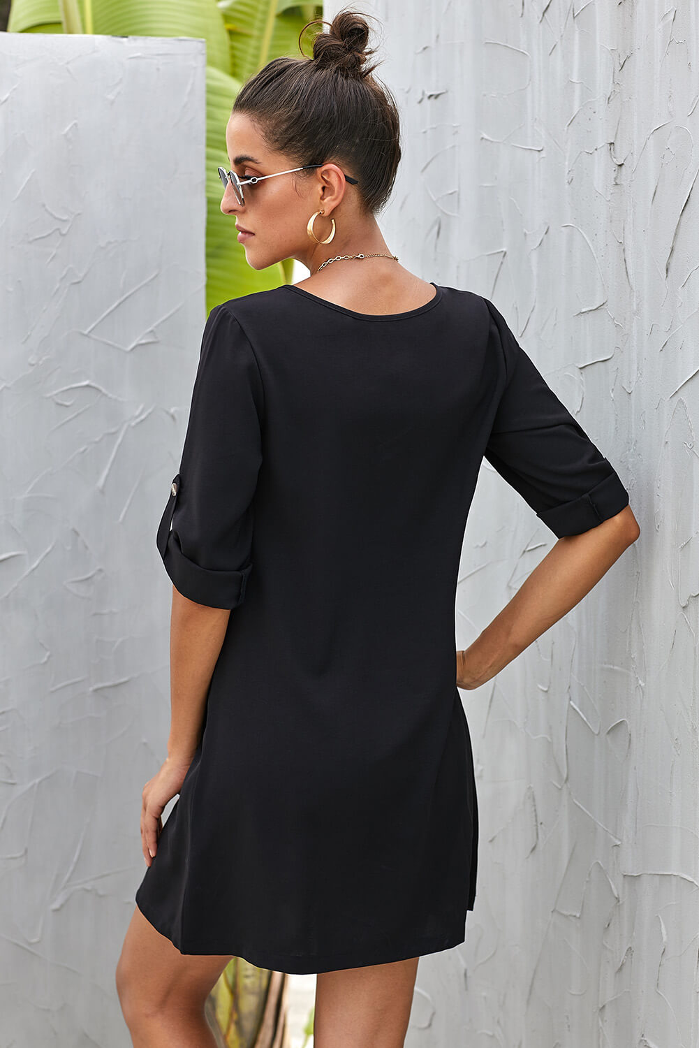 V Neck Button Front Roll up Tab Sleeve Black Casual Dress