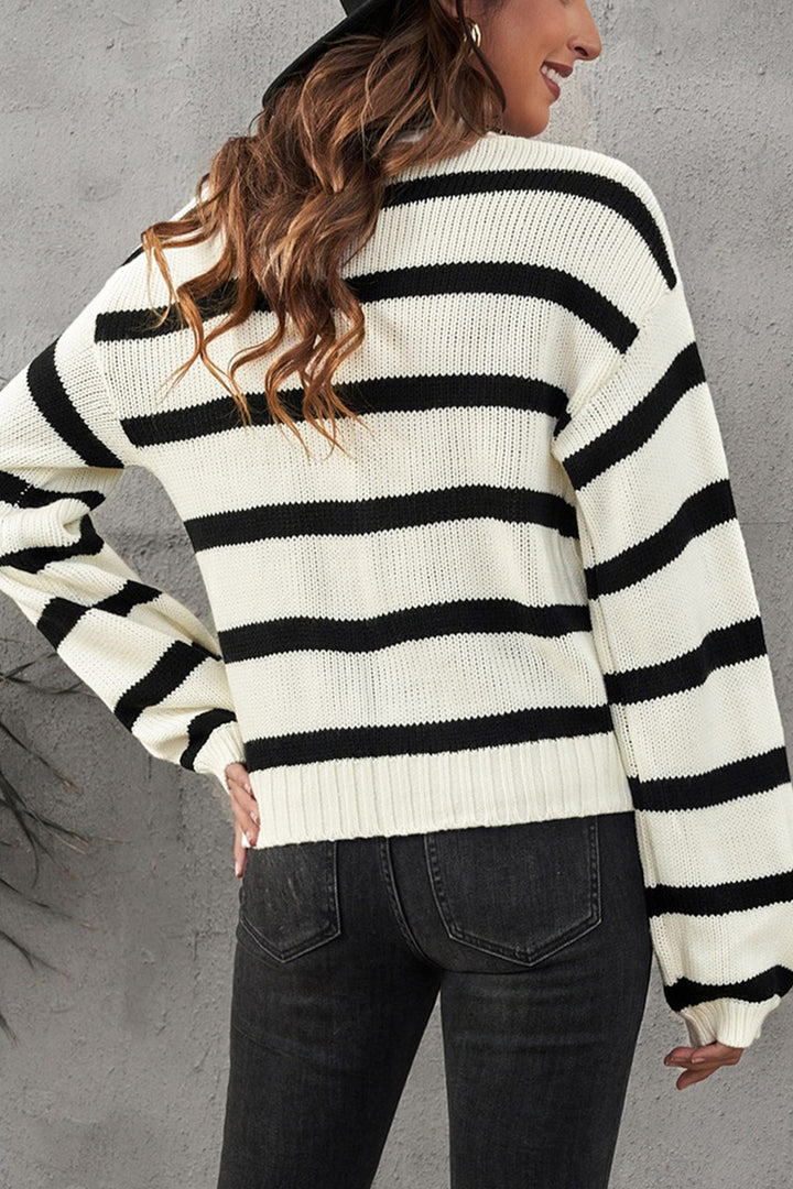 White Black Striped V-Neck Buttoned Open Front Knitted Sweater