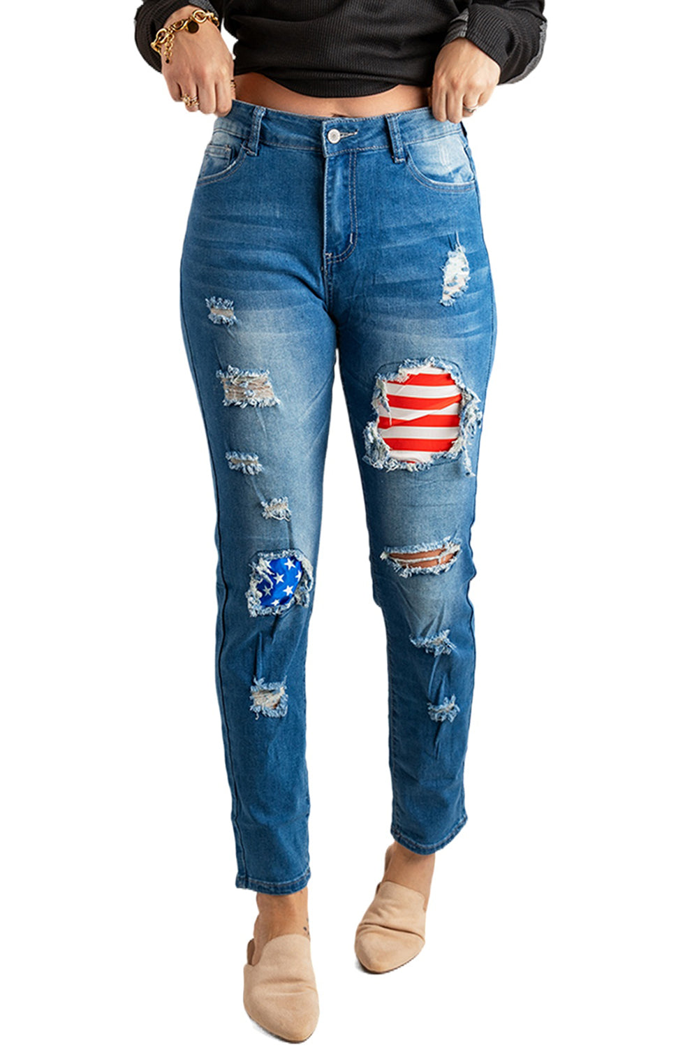 Stripes and Stars Patches Ripped Jeans