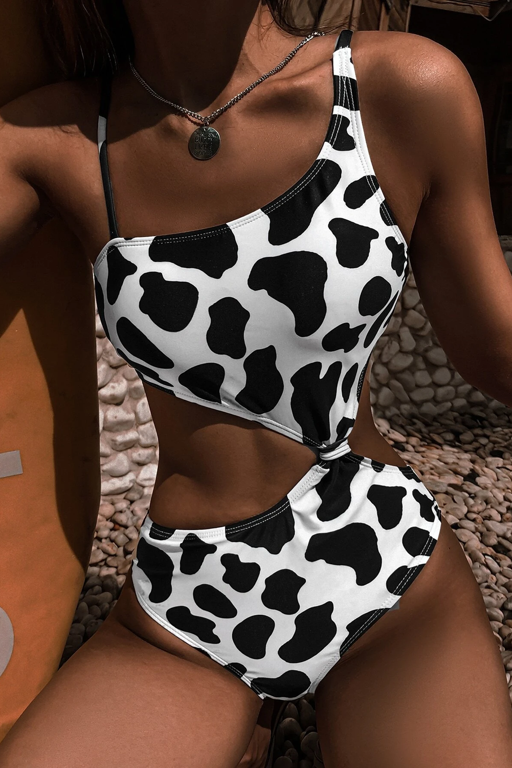 White Black Cow Animal Print Cut Oout One-piece Swimsuit