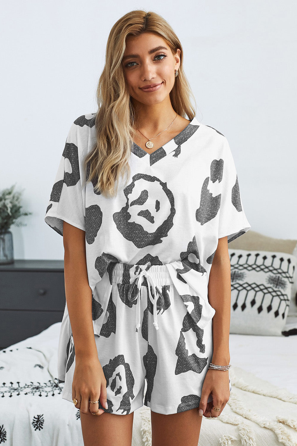 White Black Print Short Pajamas Set