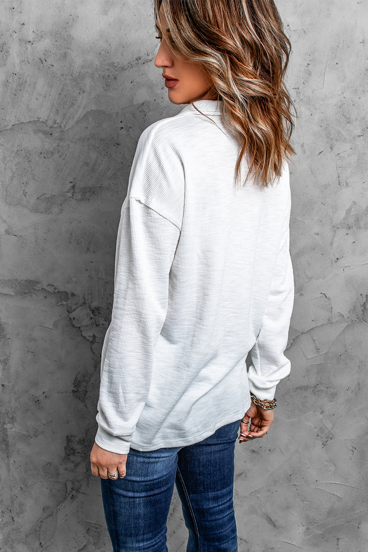 White Button Front Turn-down Neck Long Sleeve Knit Top
