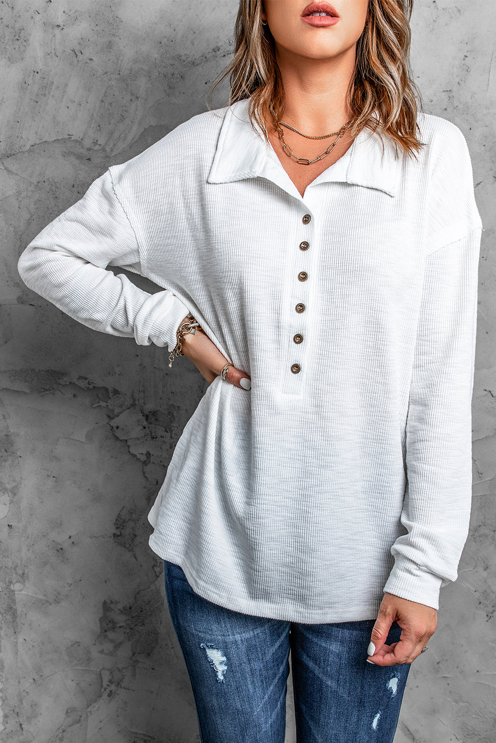 White Button Front Turn-down Neck Long Sleeve Knit Top