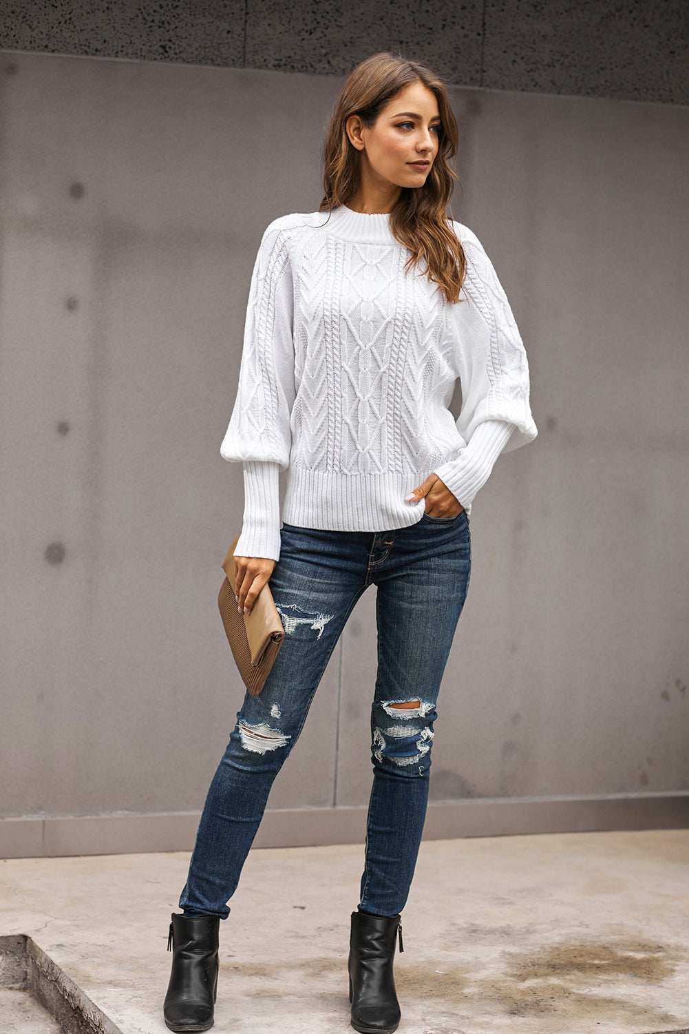 White Cable Knit Balloon Sleeve Winter Sweater