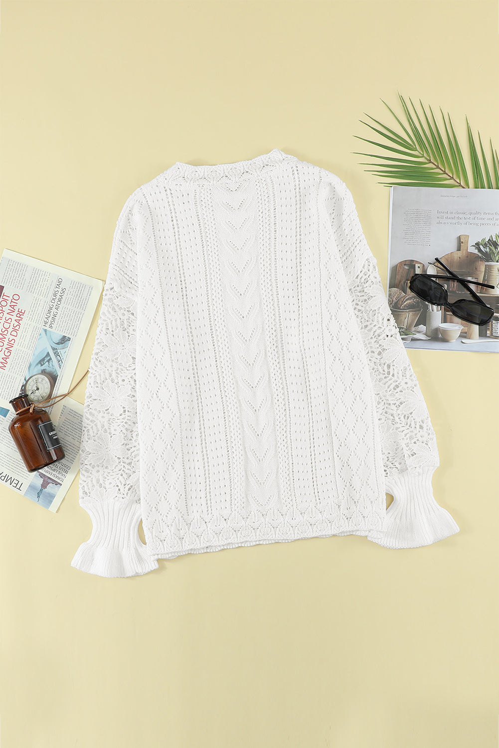 Chic White Crochet Lace Pointelle Knit Sweater