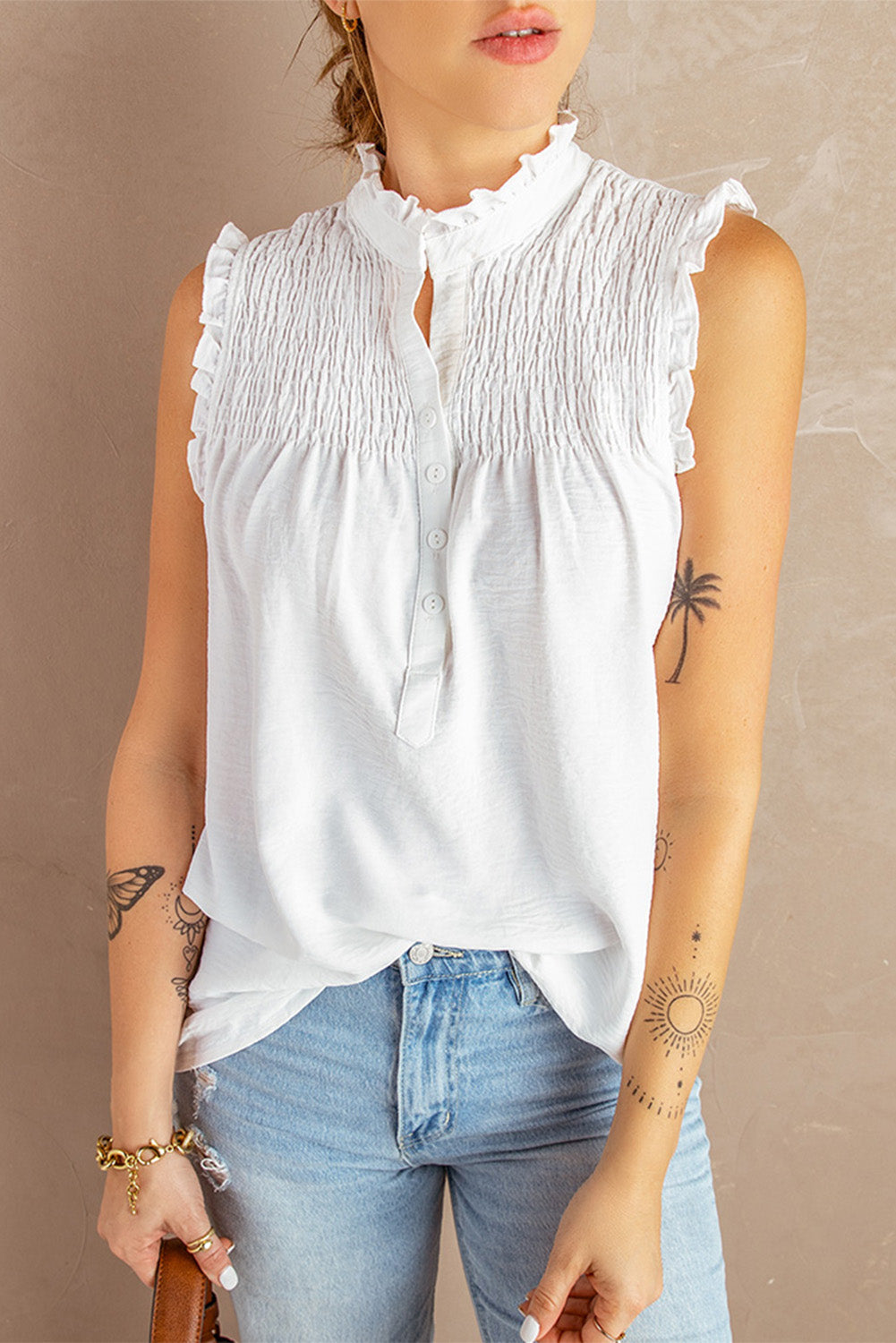 White Frilled Mock Neck Tank Top with Buttons