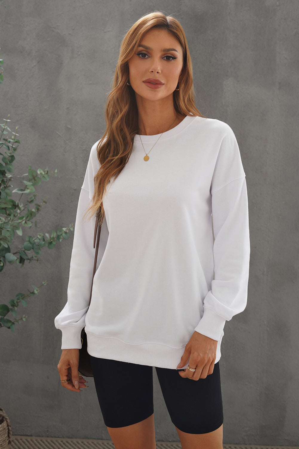 Fall White Oversized Solid Drop Shoulder Sweatshirt