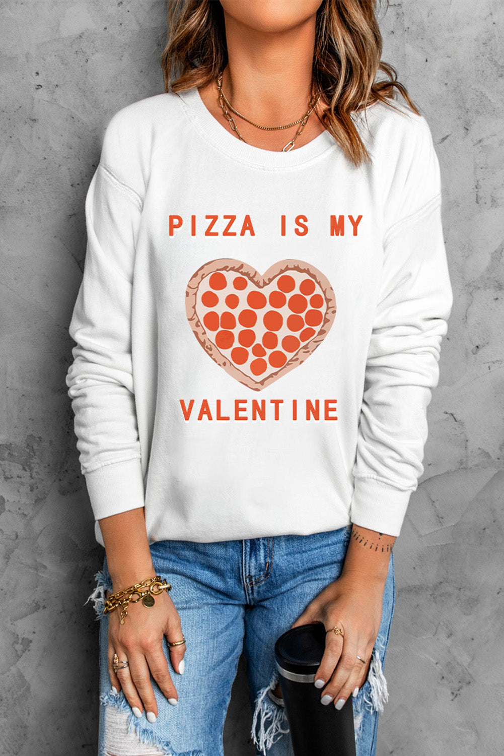 White PIZZA IS MY VALENTINE Graphic Print Sweatshirt