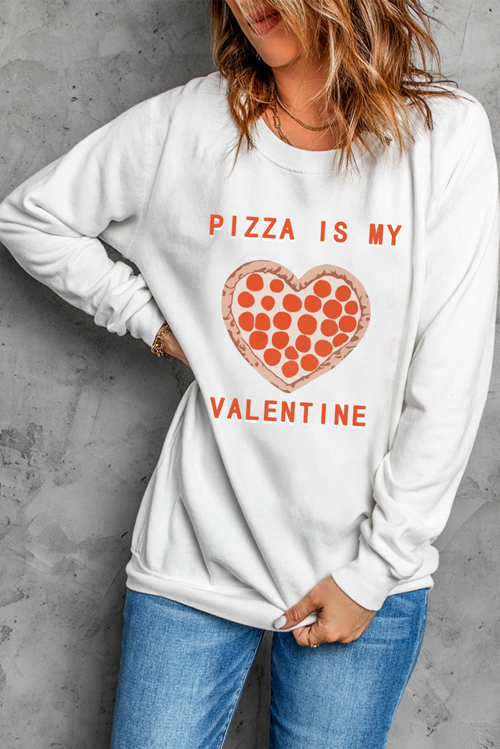 White PIZZA IS MY VALENTINE Graphic Print Sweatshirt