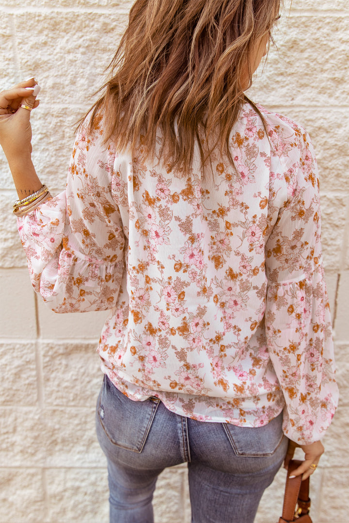 White Pink Floral Print V Neck Long Puff Sleeve Top