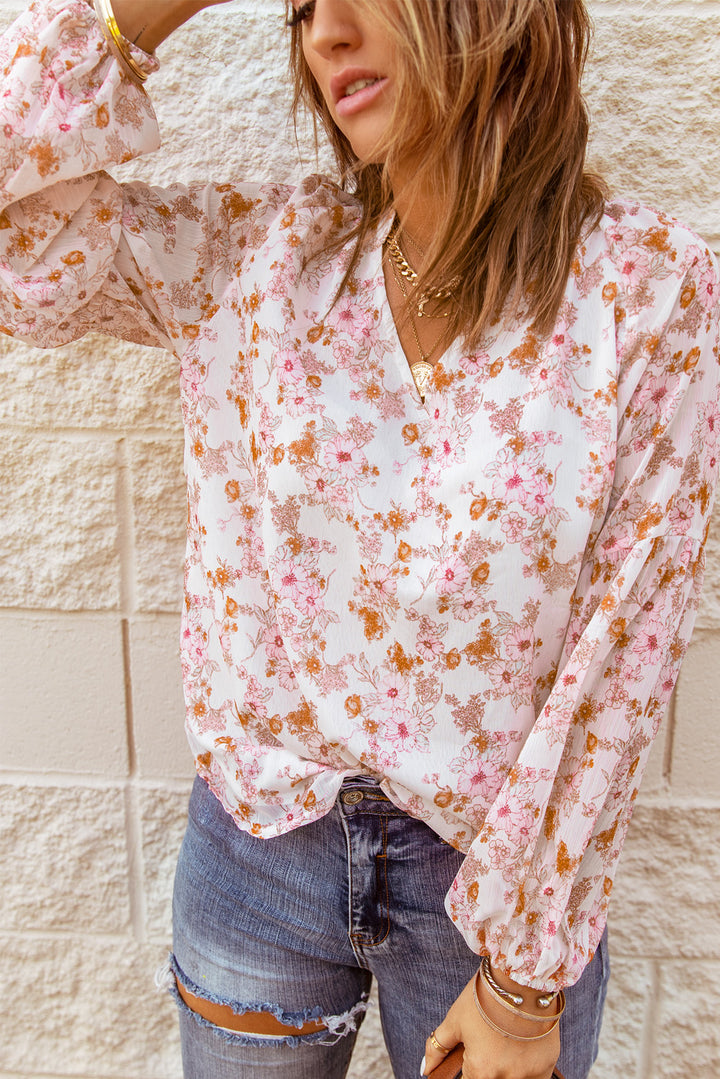 White Pink Floral Print V Neck Long Puff Sleeve Top