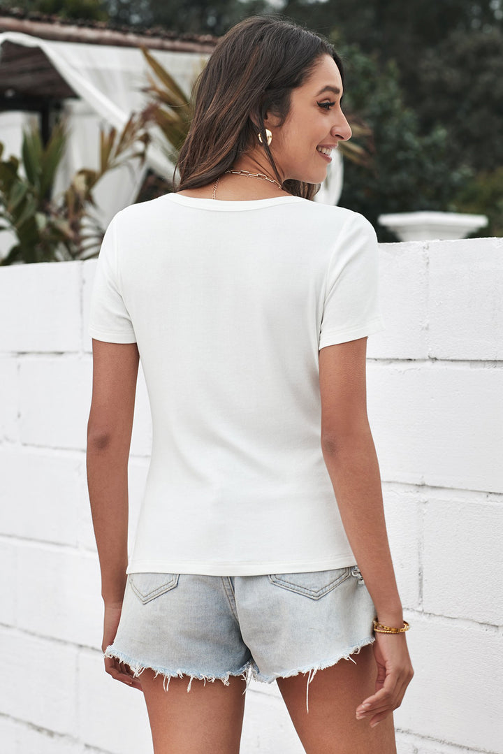 White Short Sleeve Scoop Neck Buttoned Front Ribbed Knit Top