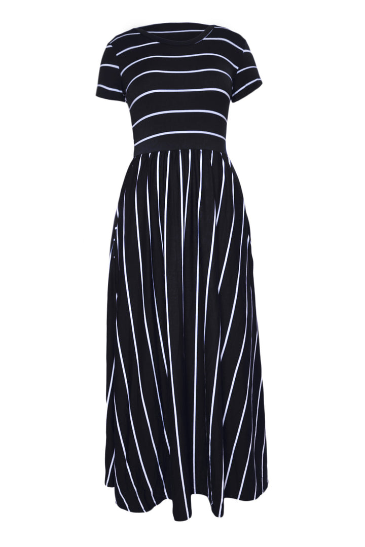 White Black Striped Short Sleeve Maxi Dress