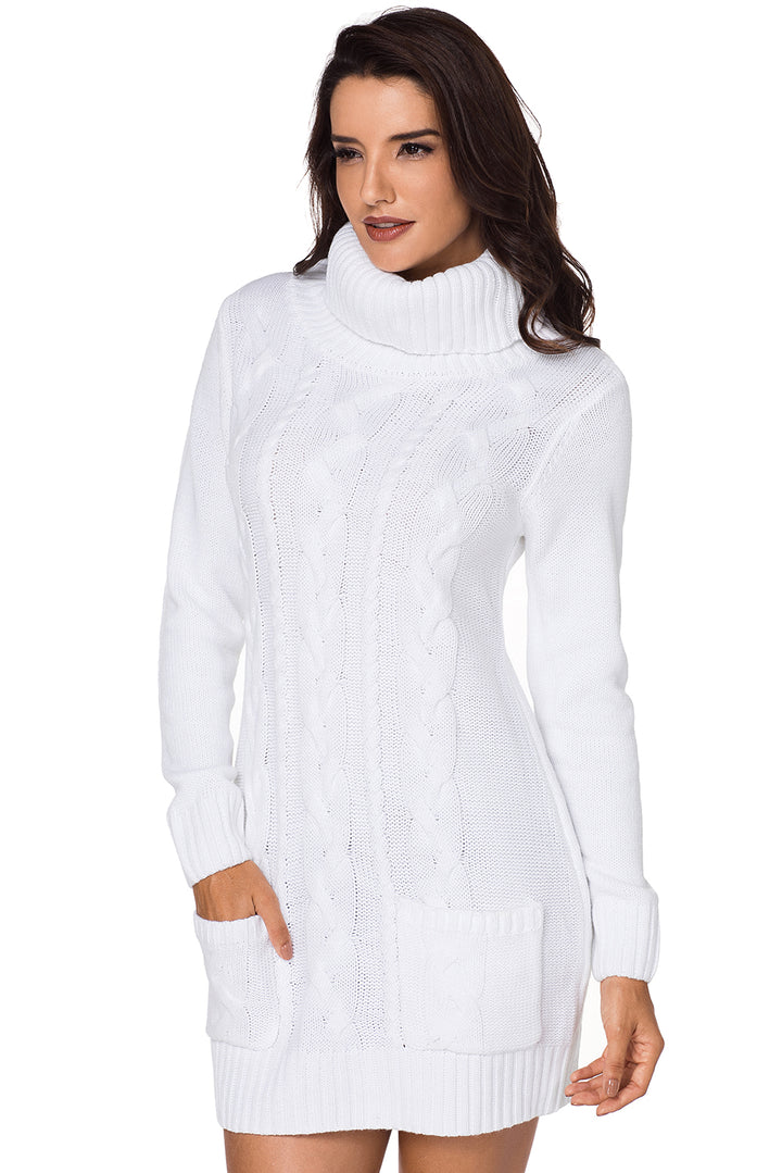 White Cowl Neck Pocket Cable Knit Sweater Dress