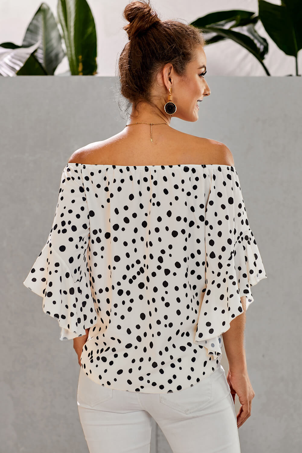 White Polka Dot 3/4 Bell Sleeve Front Tie Knot Off Shoulder Top