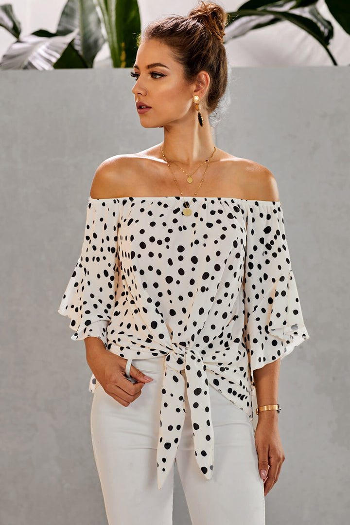 White Polka Dot 3/4 Bell Sleeve Front Tie Knot Off Shoulder Top
