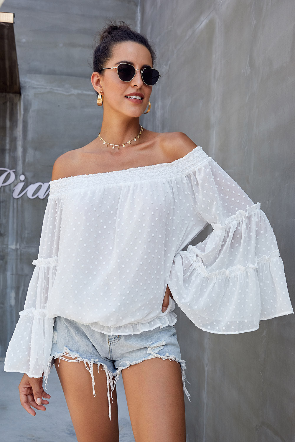 White Swiss Dot Off The Shoulder Bell Sleeve Blouse