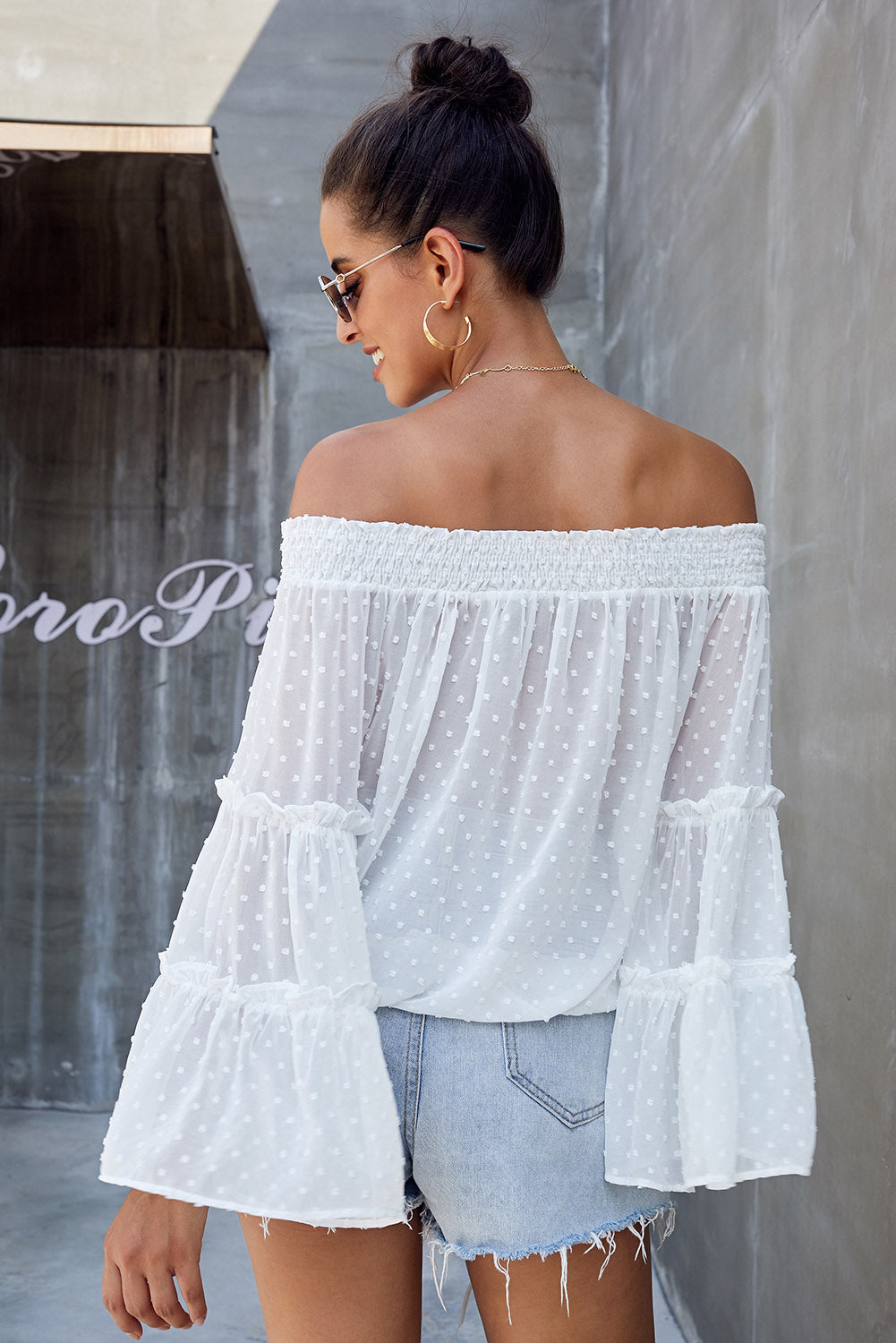 White Swiss Dot Off The Shoulder Bell Sleeve Blouse