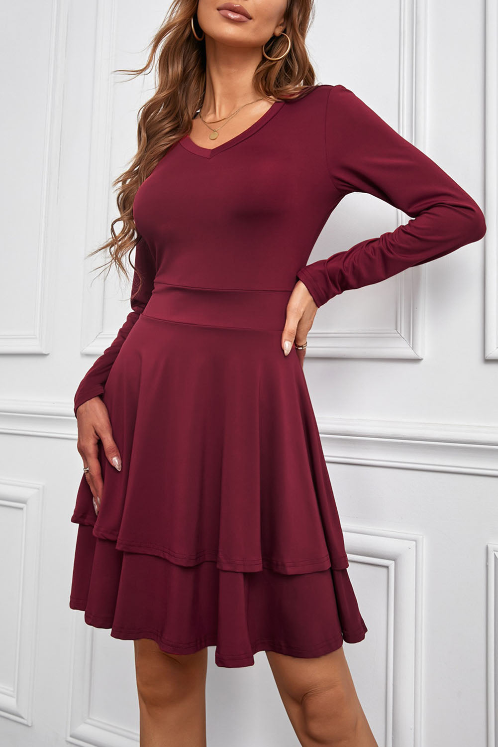 Wine Red Long Sleeve V Neck Tiered Ruffle A-line Dress