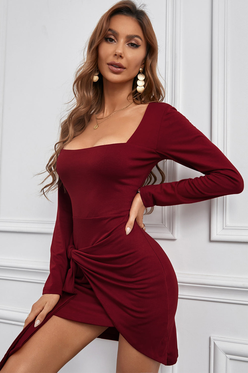Wine Red Square Neck Tie Knot Long Sleeve Bodycon Mini Dress