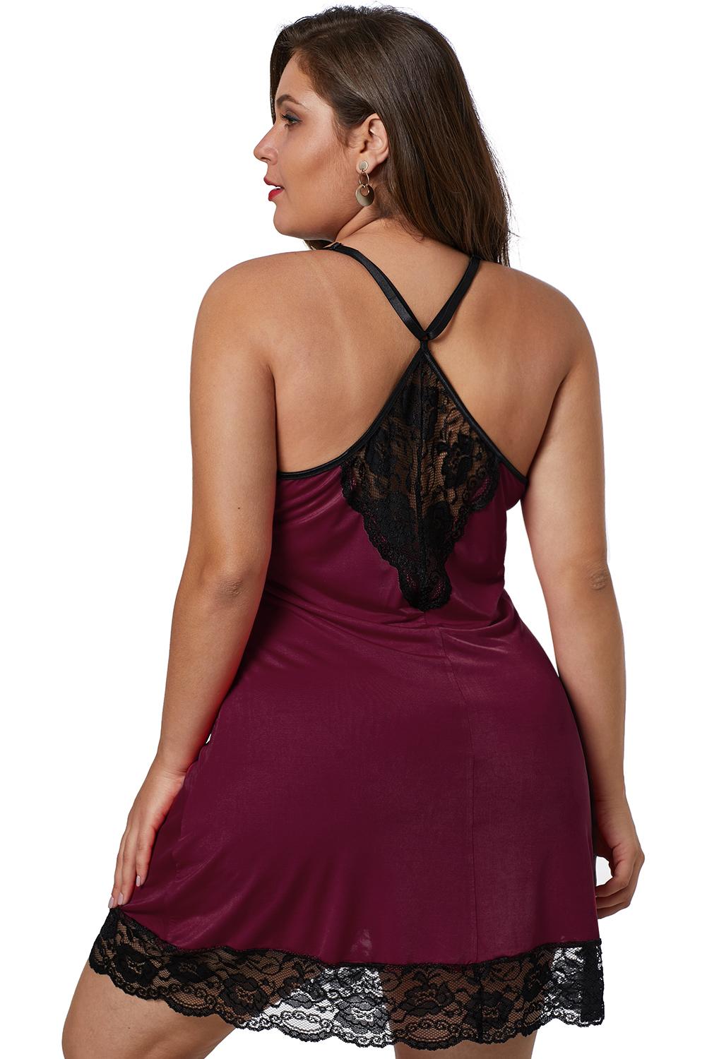 Wine Red Venecia Plus Size Chemise with Lace Trim