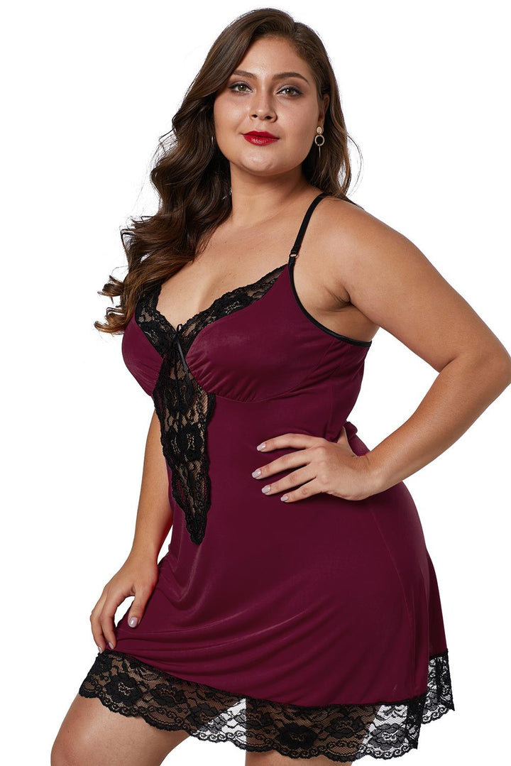 Wine Red Venecia Plus Size Chemise with Lace Trim