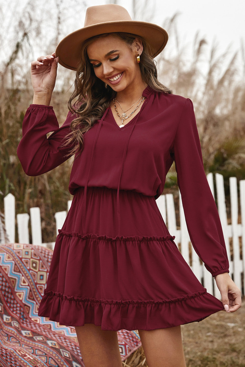 Wine V Neck Long Sleeve Ruffle Tiered Mini Dress ModeShe Wine V Neck Long Sleeve Ruffle Tiered Mini Dress ModeShe